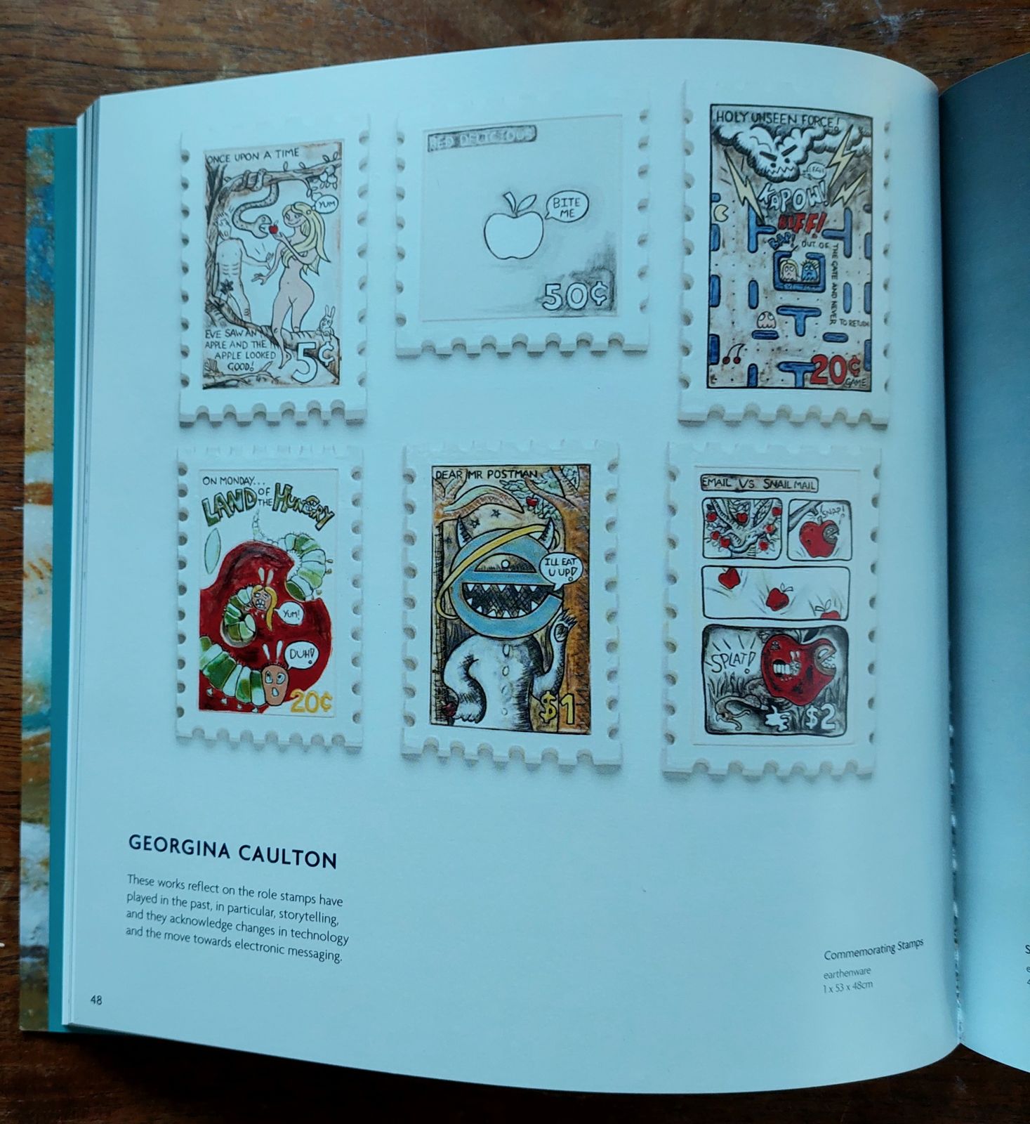 Page 48 of the Portage Ceramic Awards 2013 catalogue showing Georgina Caulton's six earthenware stamps, artist statement and artwork details.